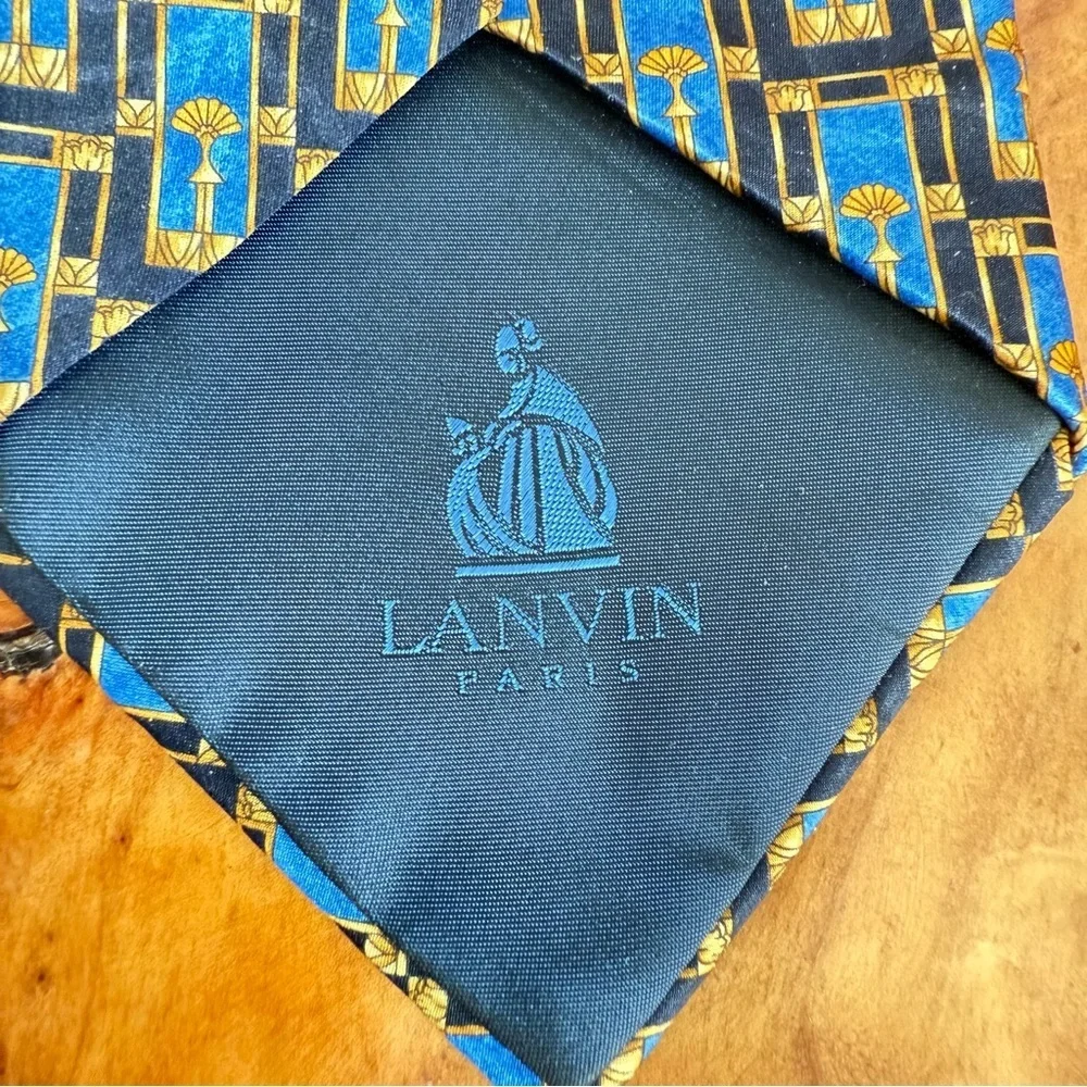Lanvin Vintage 90s Black Blue and Gold Silk 4” x 56” Tie